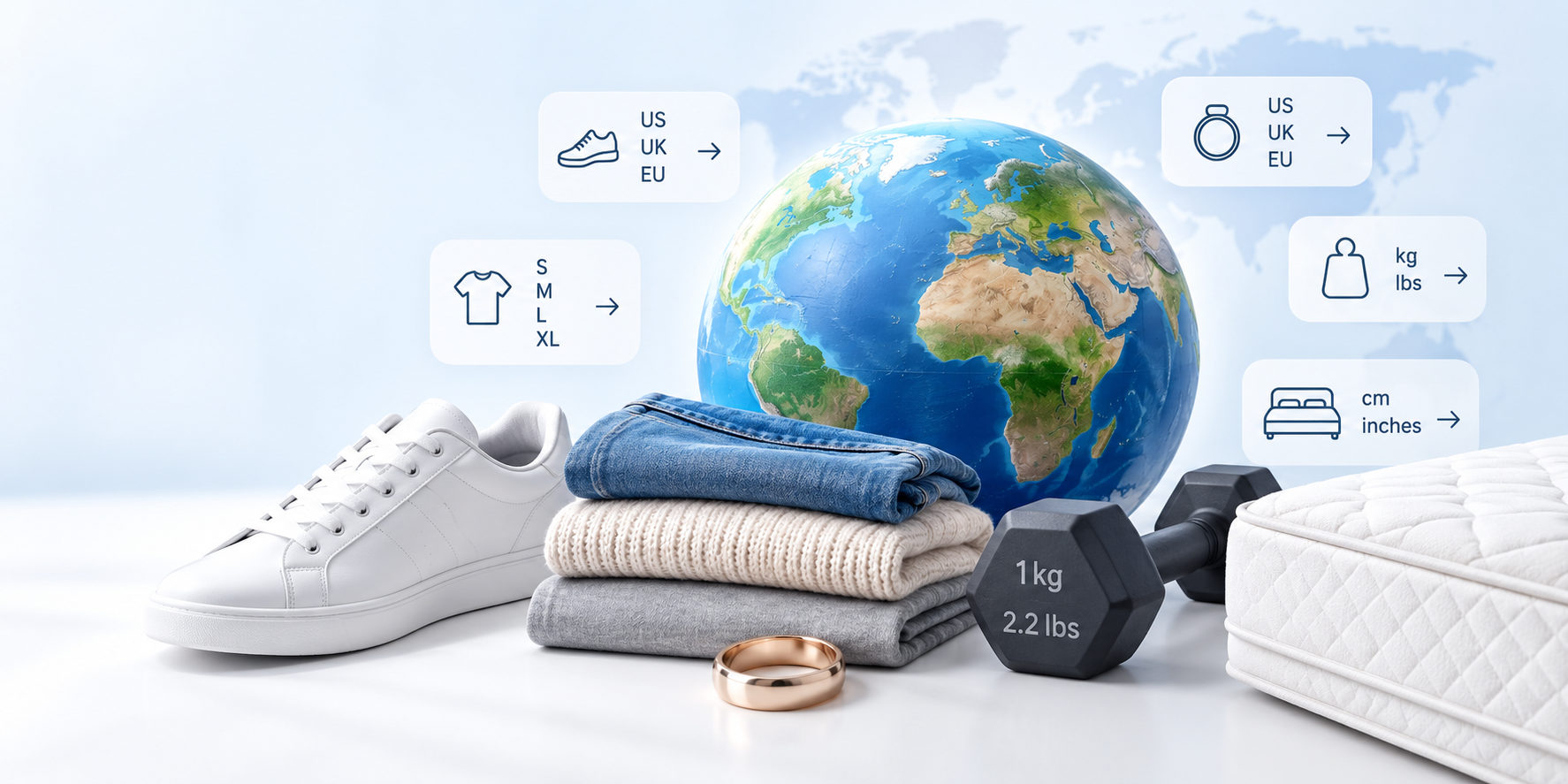 International size and measurement conversions for clothing, shoes, rings, weight and mattresses